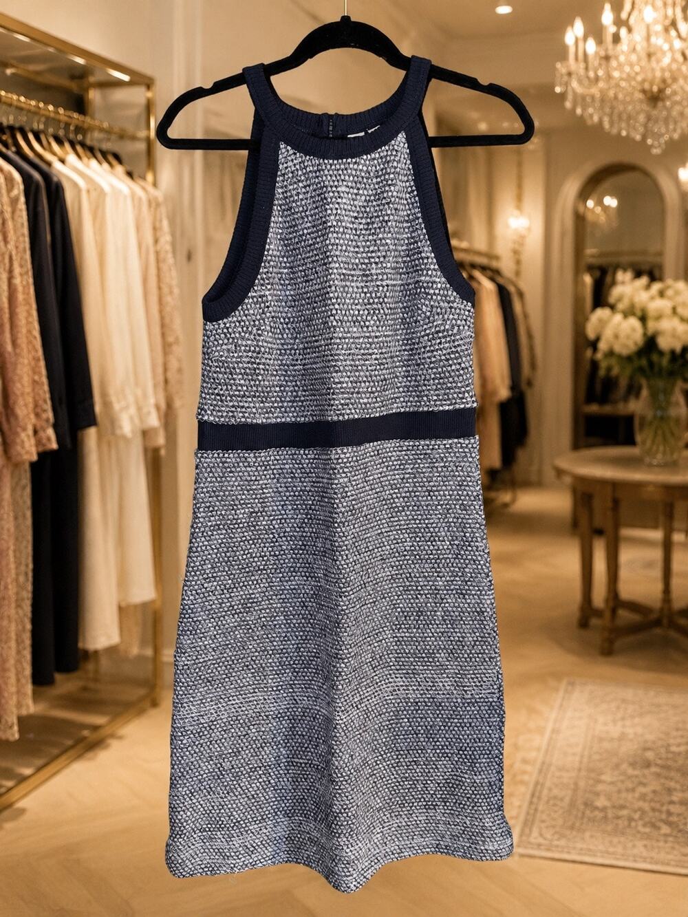 Dolan Anthropologie Dress S NWT Navy White Textured Knit Fit Flare Sweater Midi